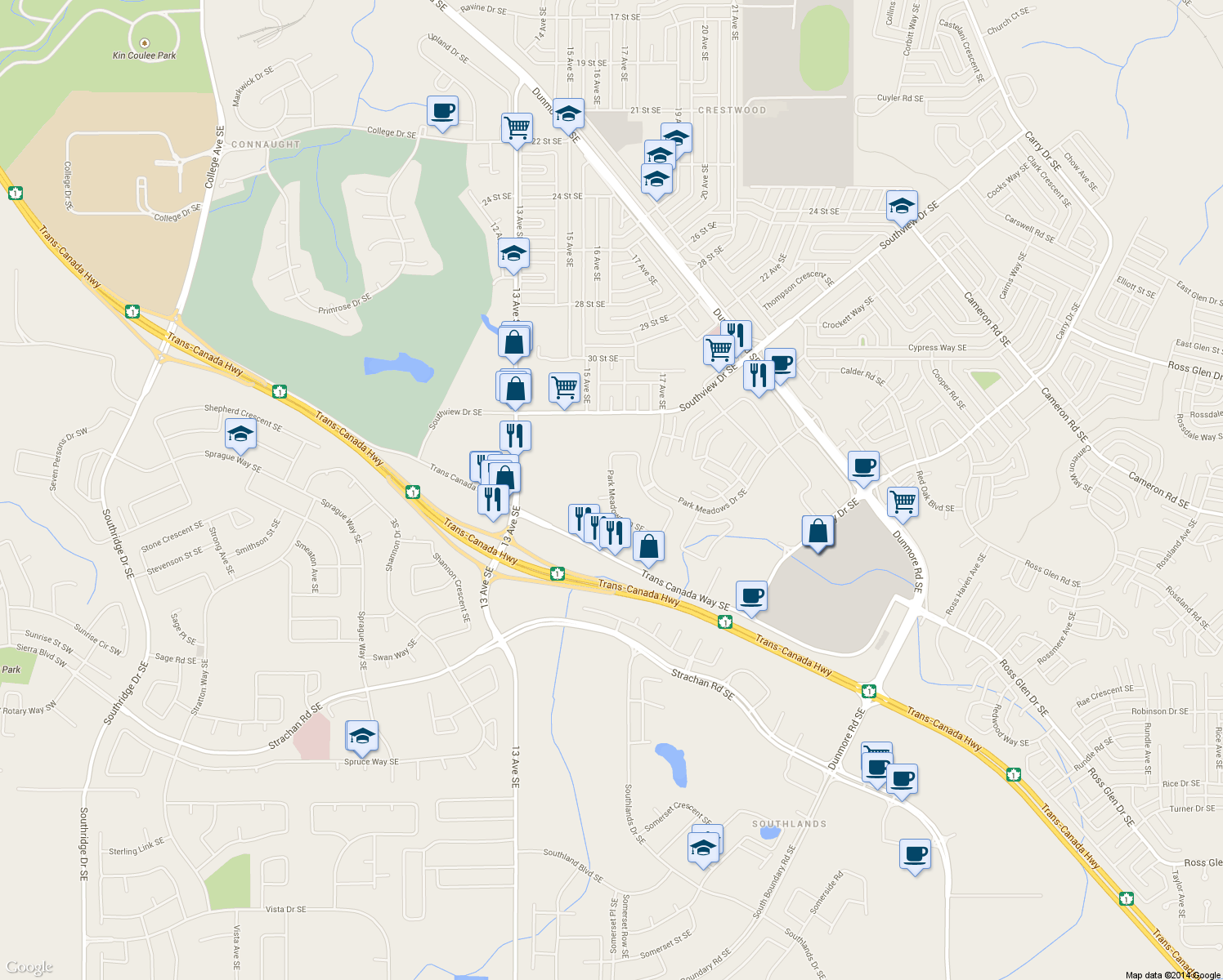 map of restaurants, bars, coffee shops, grocery stores, and more near 138 Park Meadows Lane Southeast in Medicine Hat