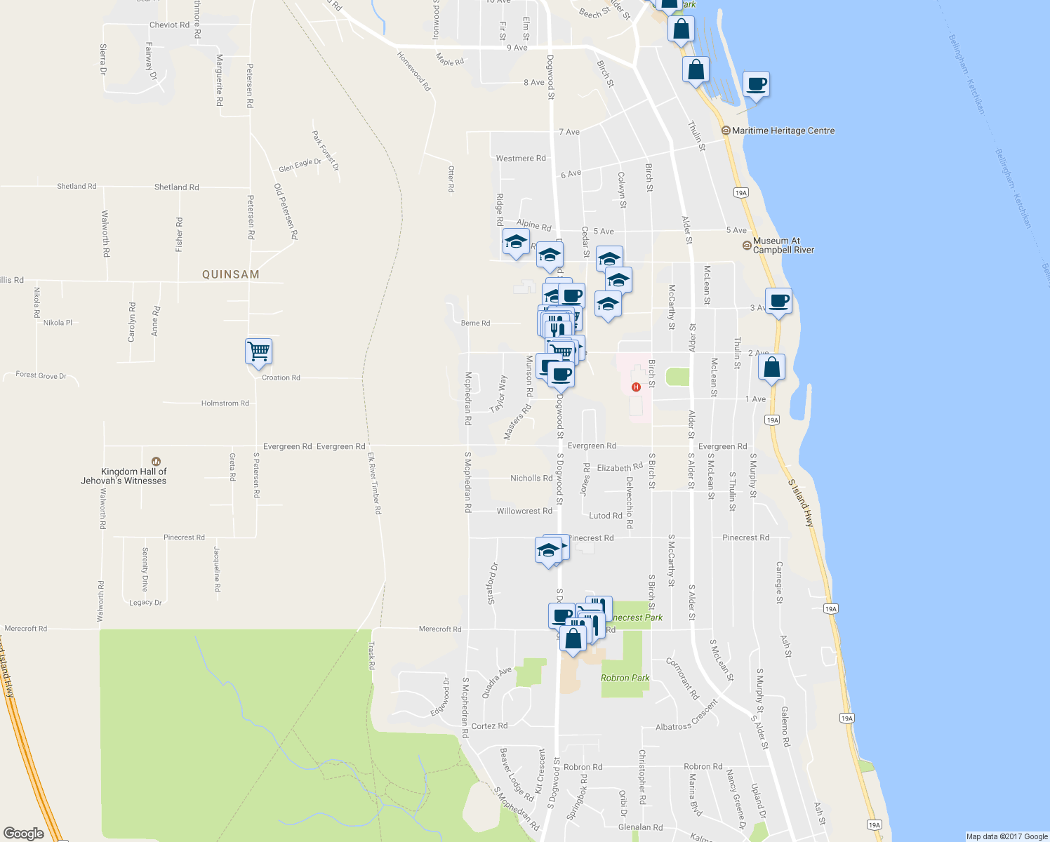 map of restaurants, bars, coffee shops, grocery stores, and more near 65 Masters Road in Campbell River
