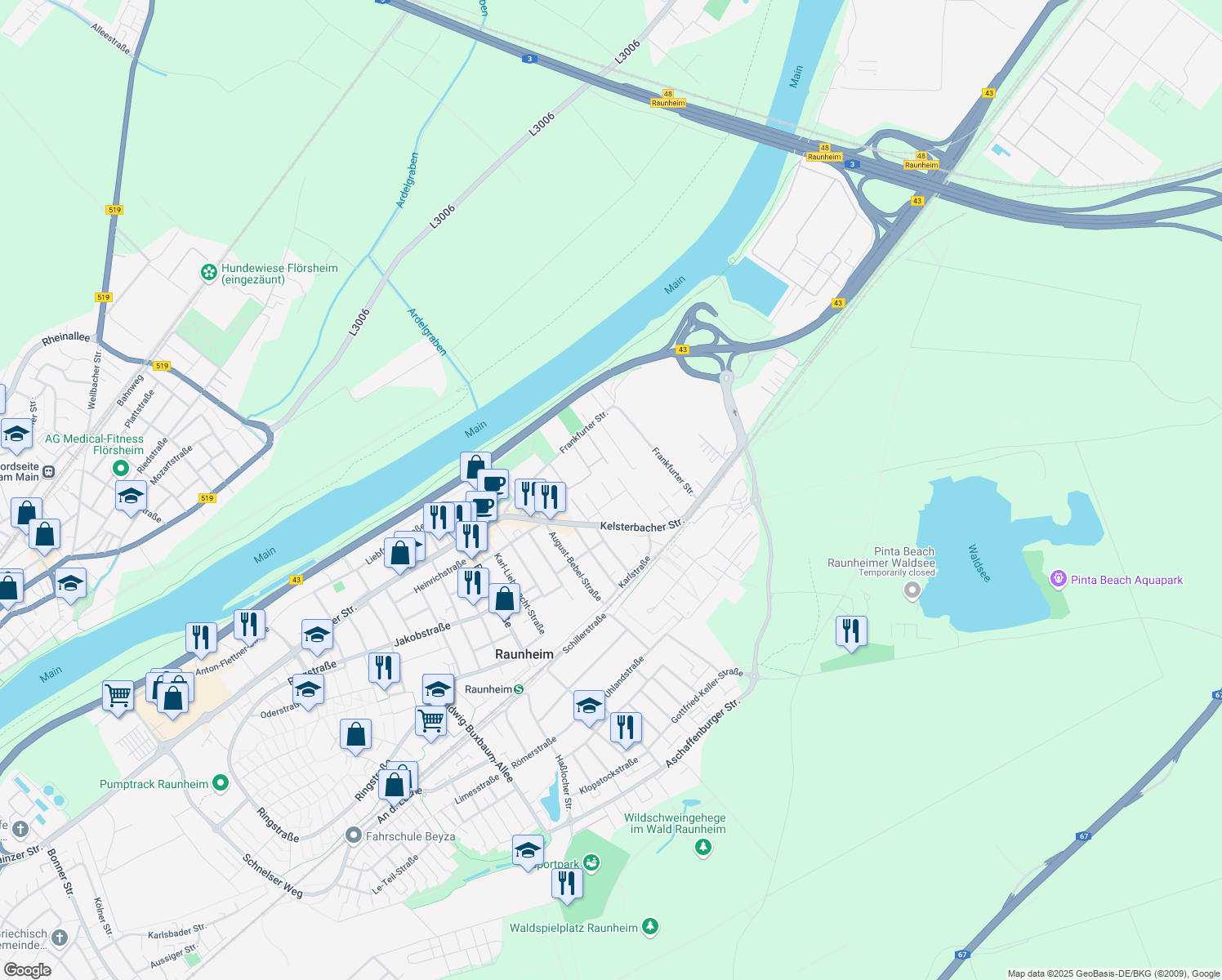 map of restaurants, bars, coffee shops, grocery stores, and more near 10 Am Prime-Parc in Raunheim