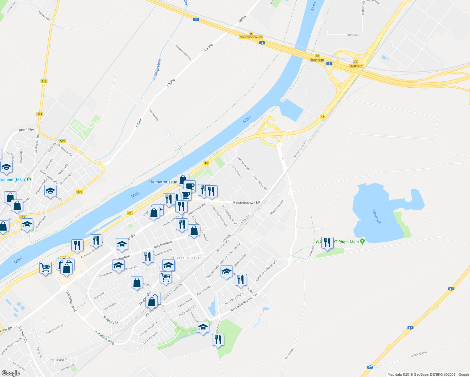 map of restaurants, bars, coffee shops, grocery stores, and more near 10 Am Prime-Parc in Raunheim