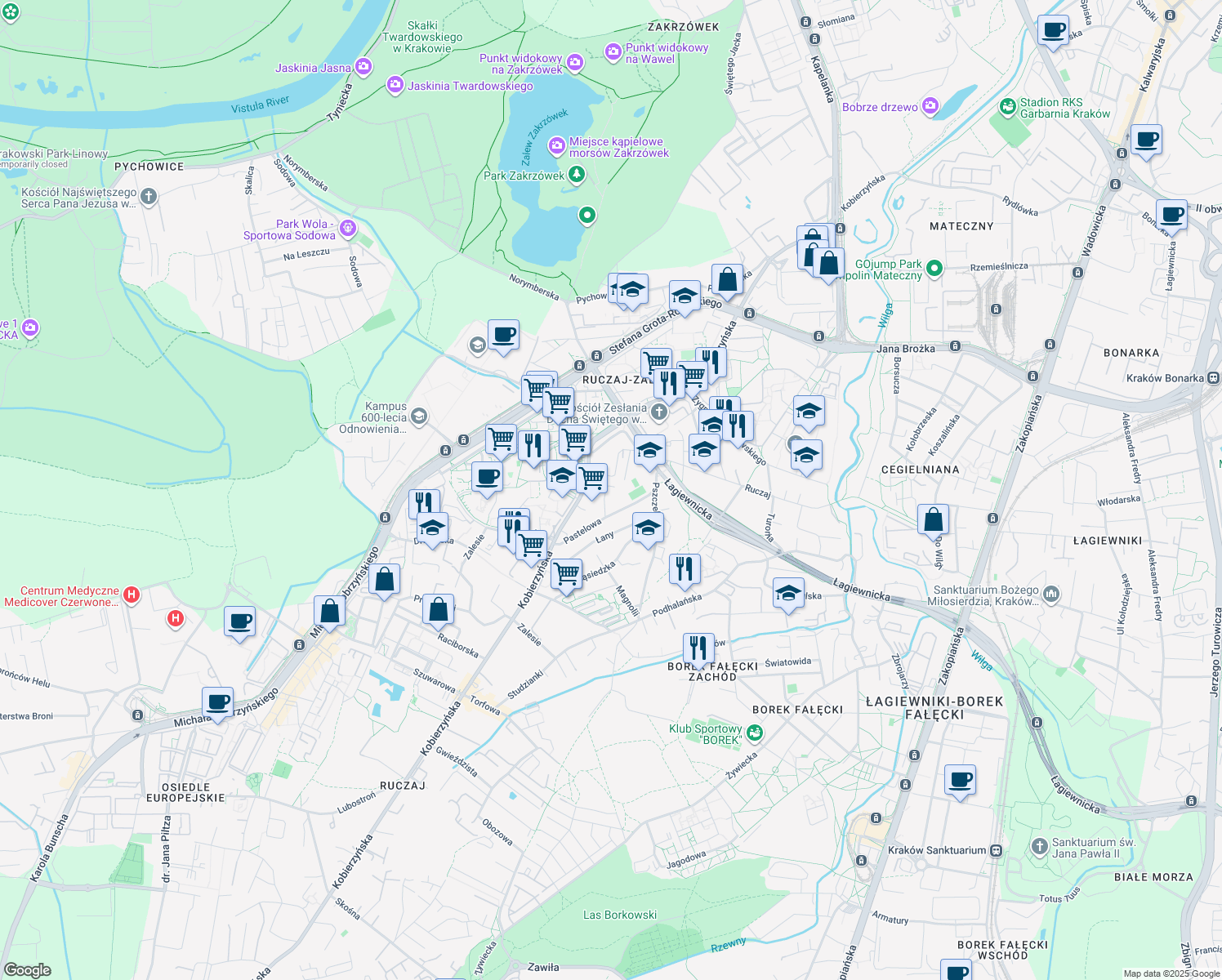 map of restaurants, bars, coffee shops, grocery stores, and more near in Kraków