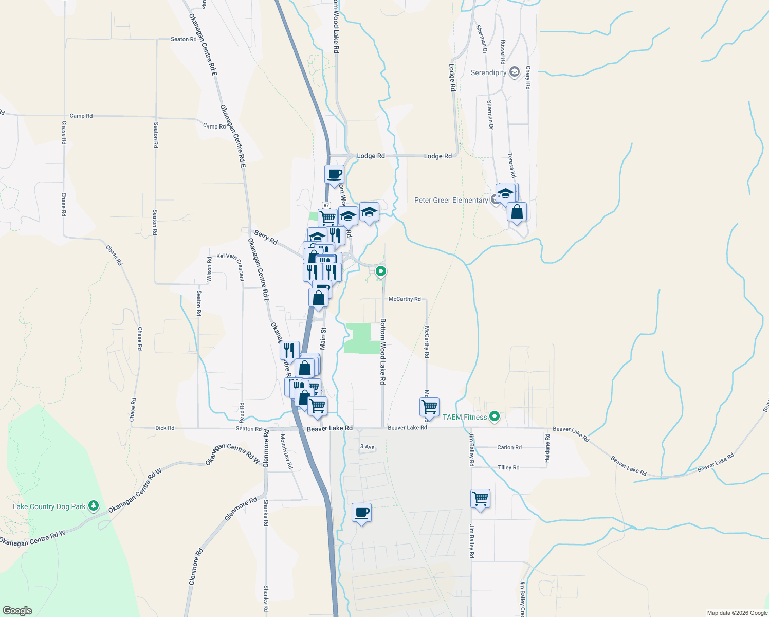 map of restaurants, bars, coffee shops, grocery stores, and more near 1989 Bottom Wood Lake Road in Lake Country