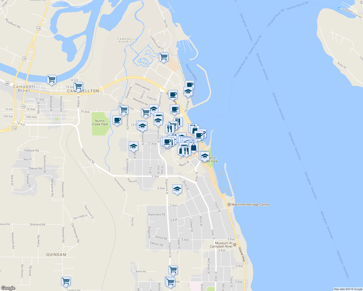 map of restaurants, bars, coffee shops, grocery stores, and more near 1130 Shoppers Row in Campbell River