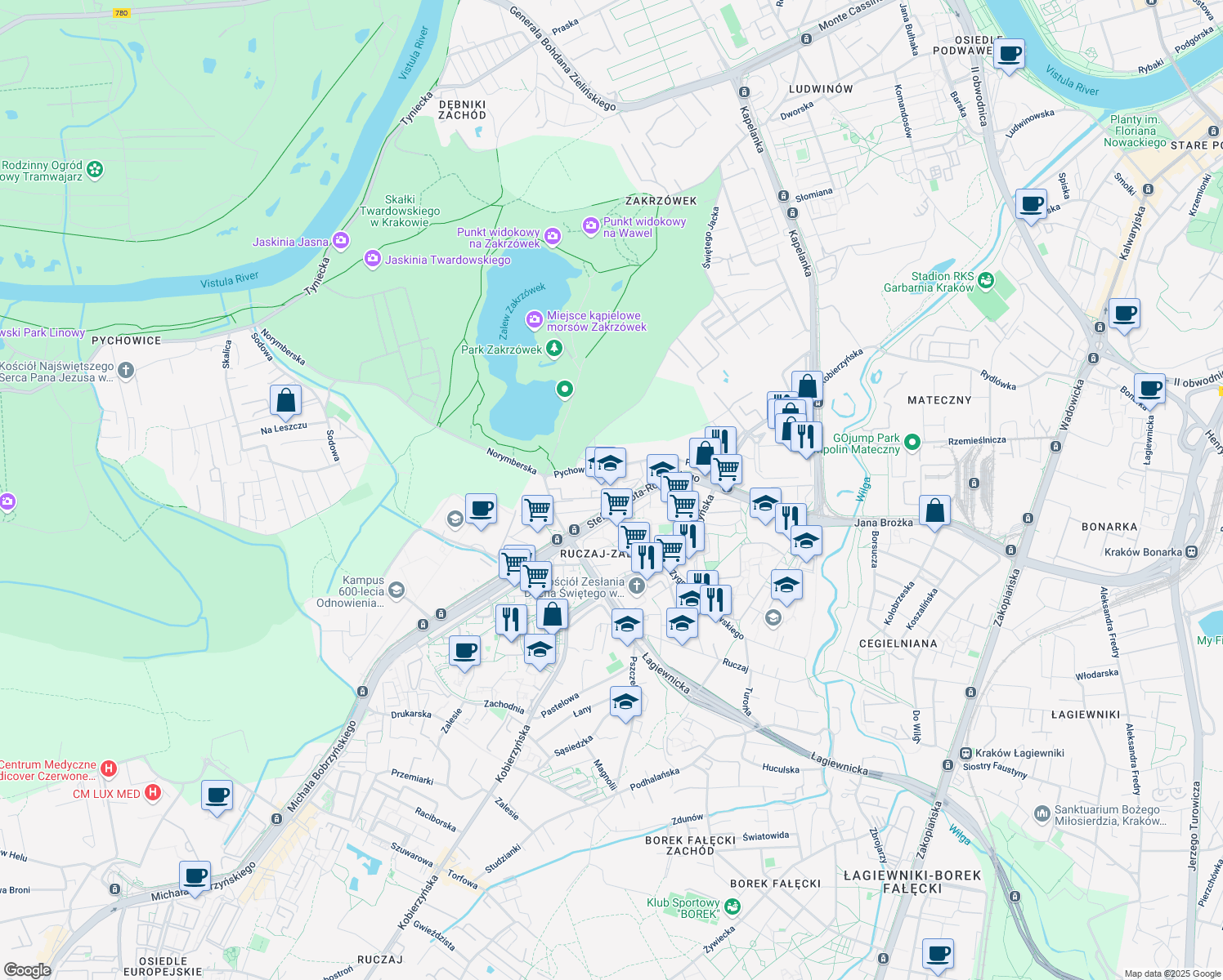map of restaurants, bars, coffee shops, grocery stores, and more near 10C Norymberska in Kraków