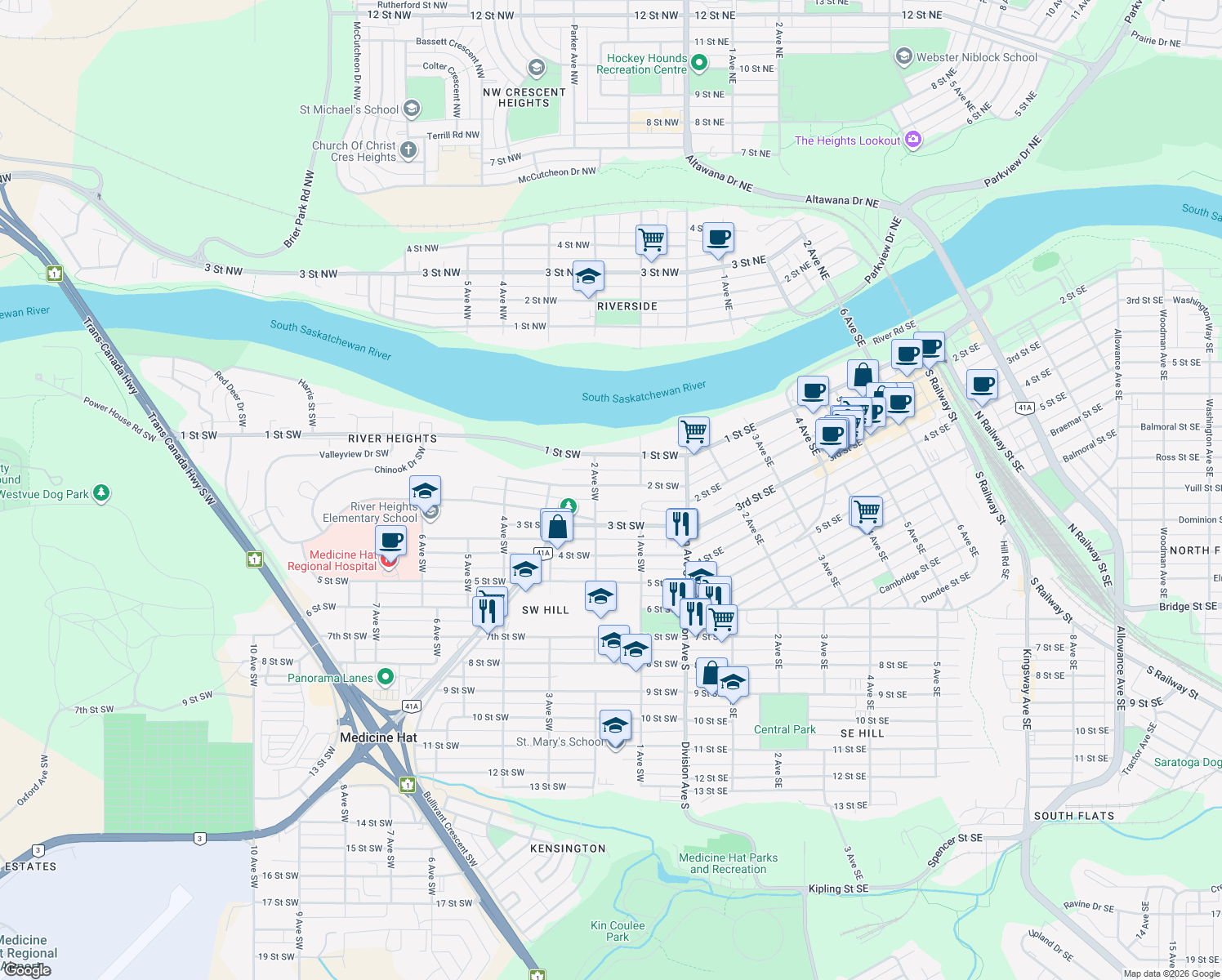 map of restaurants, bars, coffee shops, grocery stores, and more near 153 2 Street Southwest in Medicine Hat