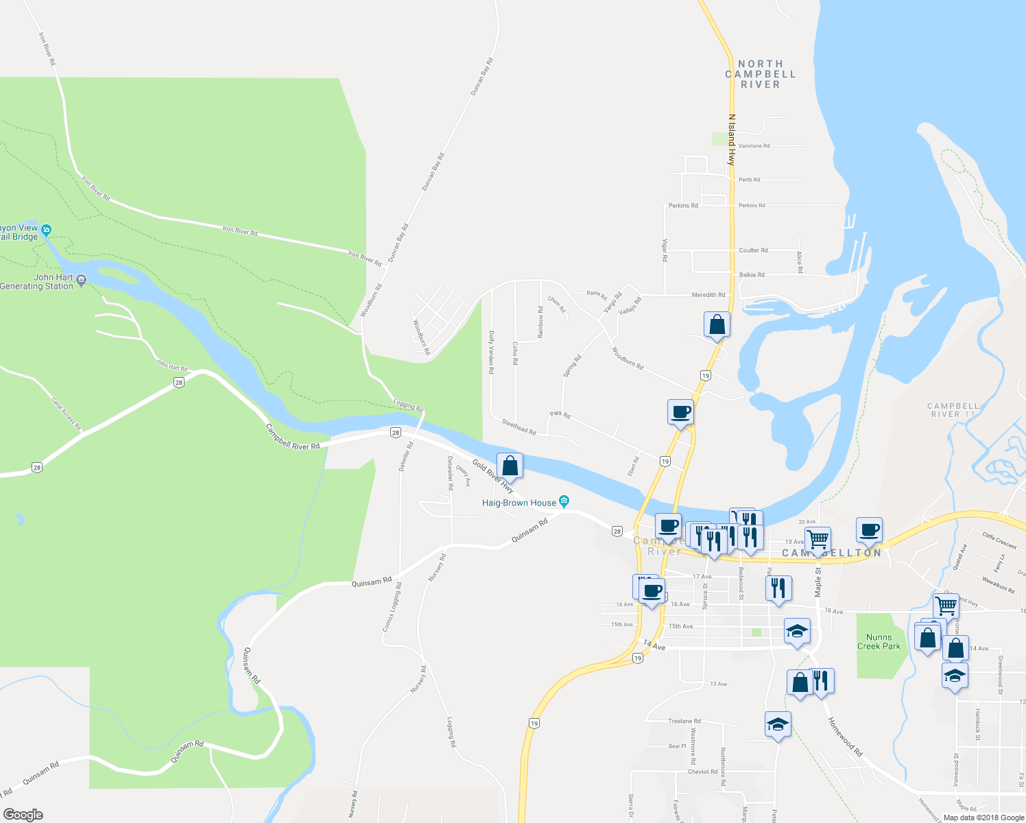 map of restaurants, bars, coffee shops, grocery stores, and more near 2334 Coho Road in Campbell River