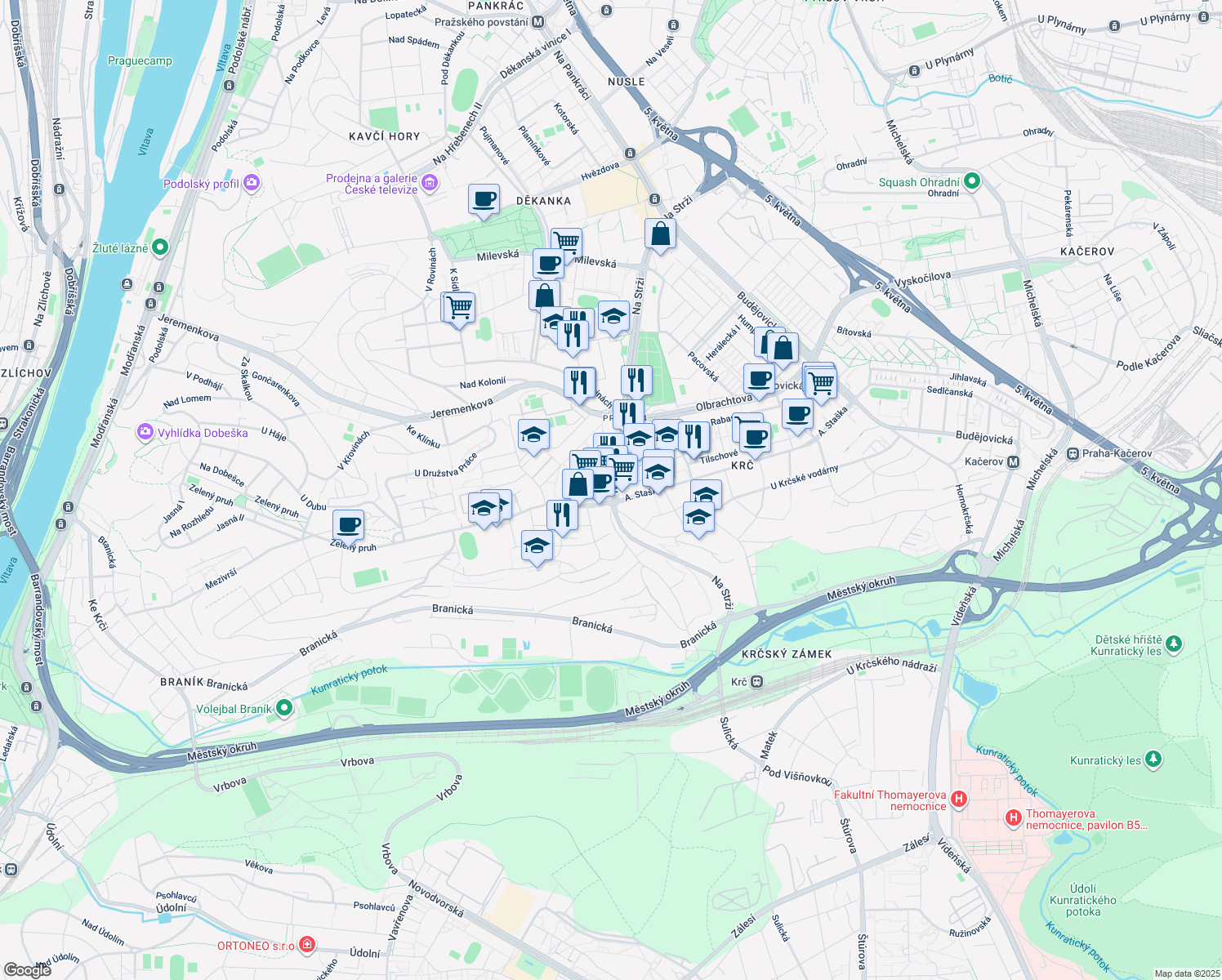 map of restaurants, bars, coffee shops, grocery stores, and more near 3 Na Strži in Hlavní město Praha