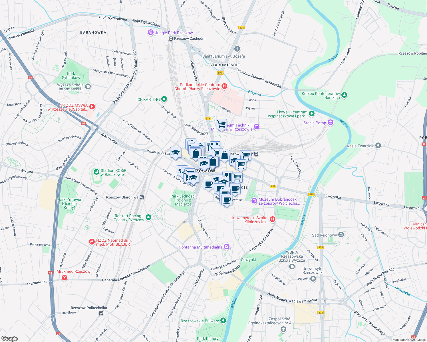 map of restaurants, bars, coffee shops, grocery stores, and more near 7 Stanisława Jabłońskiego in Rzeszów