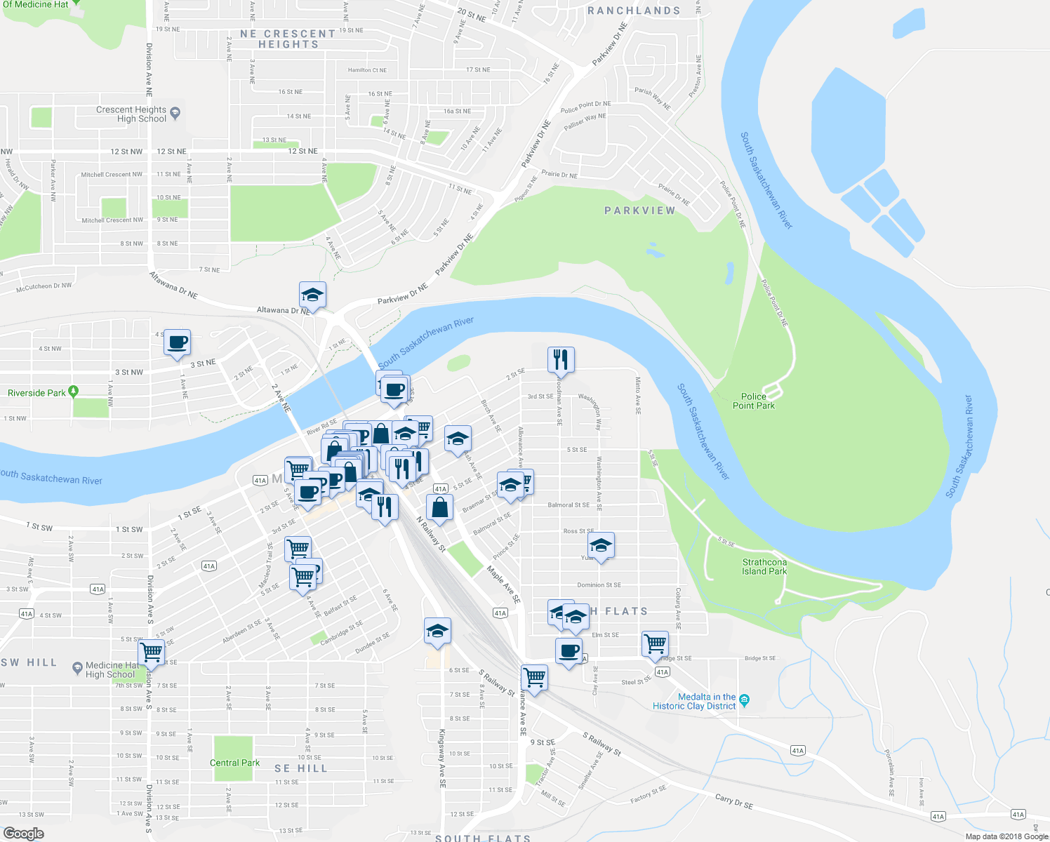 map of restaurants, bars, coffee shops, grocery stores, and more near 902 4 Street Southeast in Medicine Hat