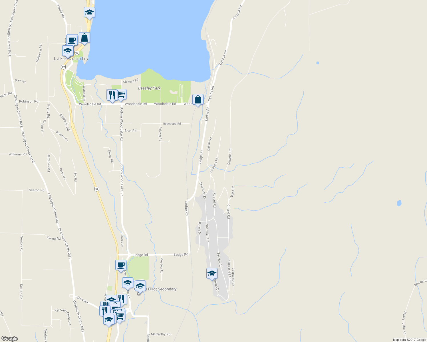 map of restaurants, bars, coffee shops, grocery stores, and more near 11031 Pheasant Road in Lake Country