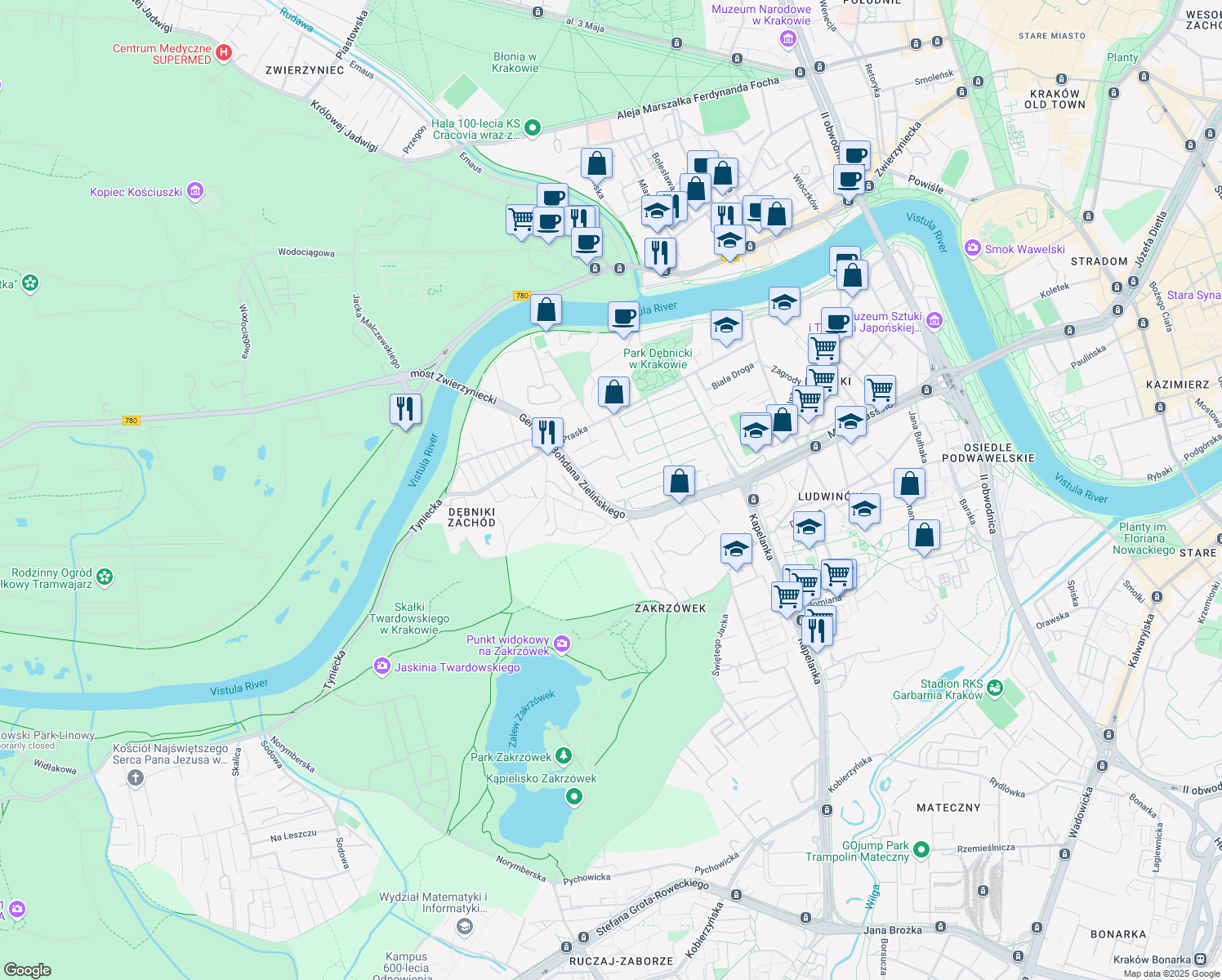 map of restaurants, bars, coffee shops, grocery stores, and more near 22 Generała Bohdana Zielińskiego in Kraków