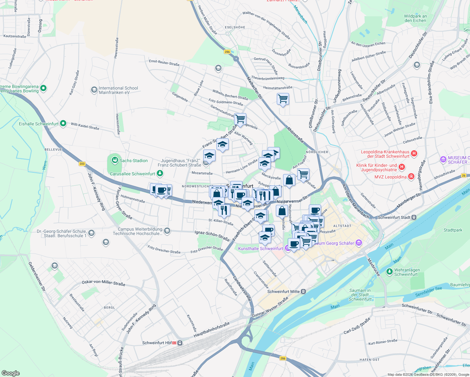 map of restaurants, bars, coffee shops, grocery stores, and more near in Schweinfurt