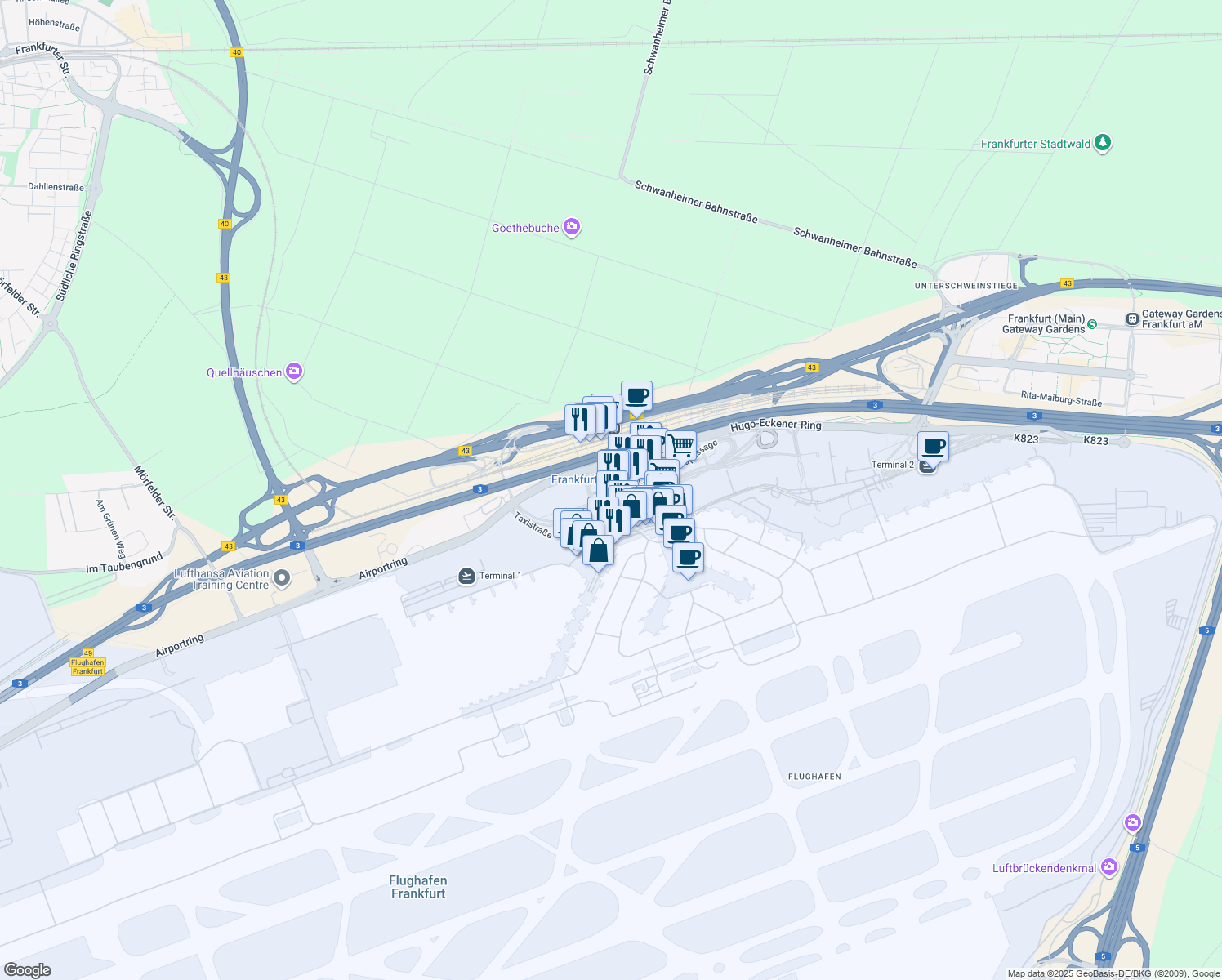 map of restaurants, bars, coffee shops, grocery stores, and more near Hugo-Eckener-Ring in Frankfurt am Main