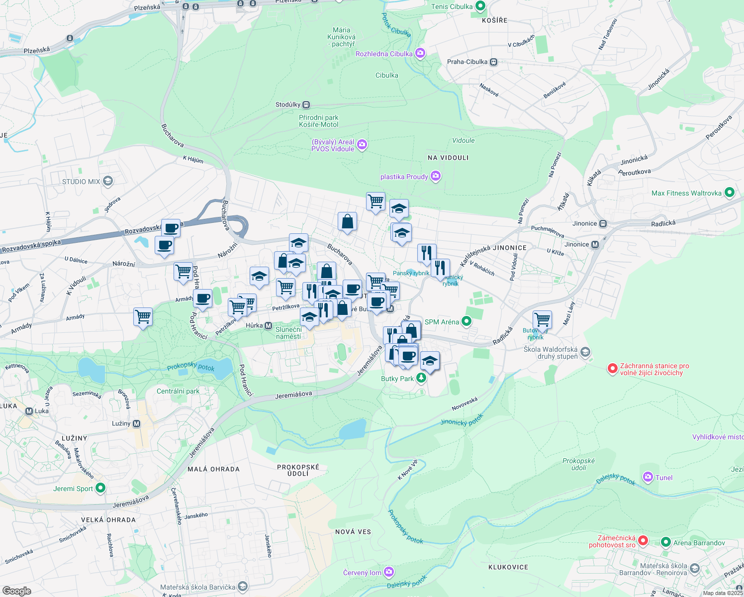 map of restaurants, bars, coffee shops, grocery stores, and more near 14 Bucharova in Hlavní město Praha