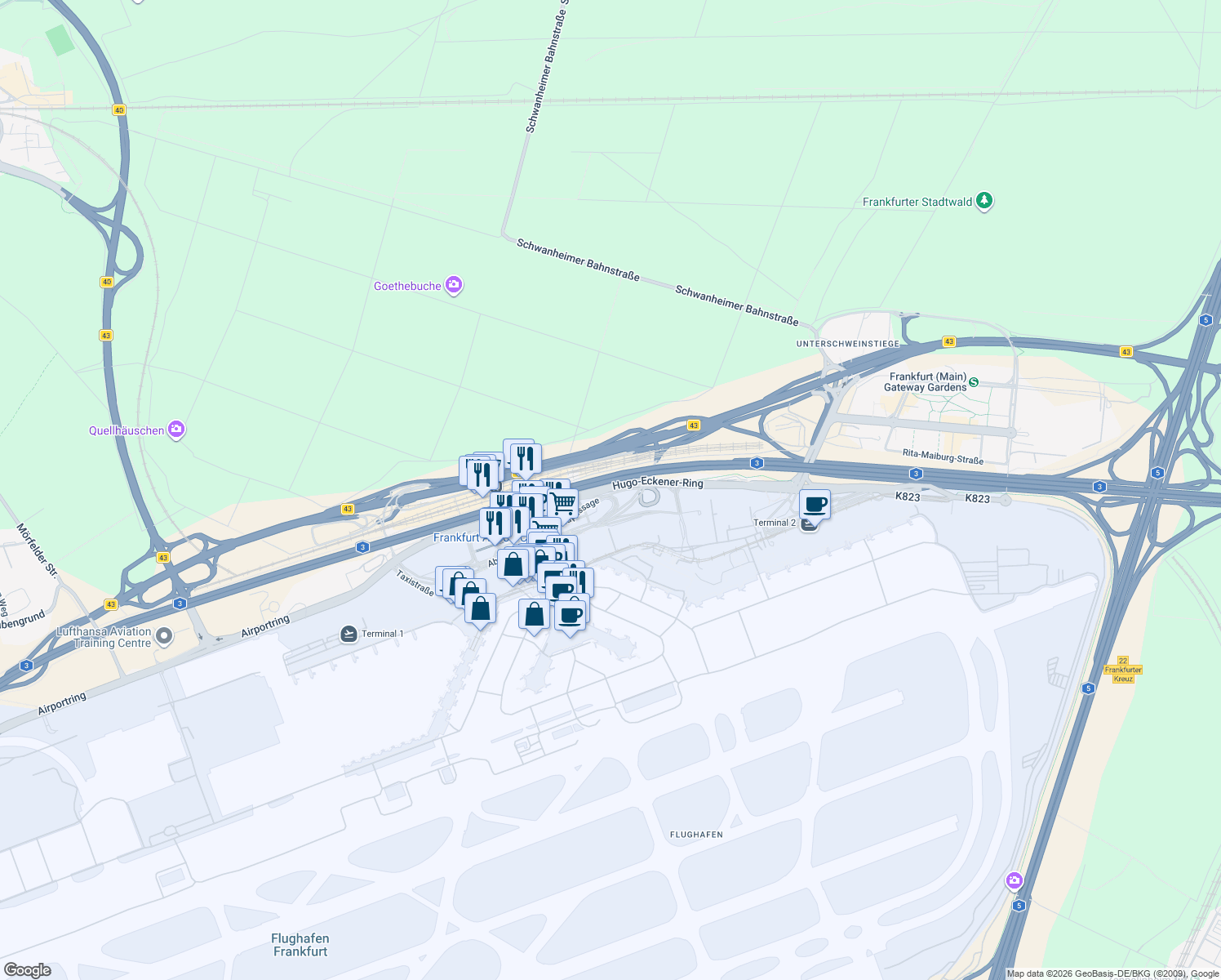 map of restaurants, bars, coffee shops, grocery stores, and more near Hugo-Eckener-Ring in Frankfurt am Main