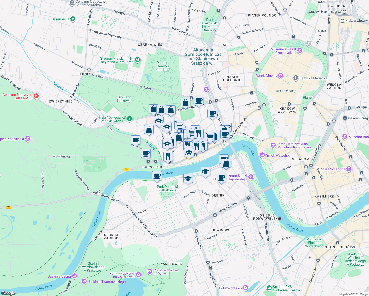 map of restaurants, bars, coffee shops, grocery stores, and more near in Kraków