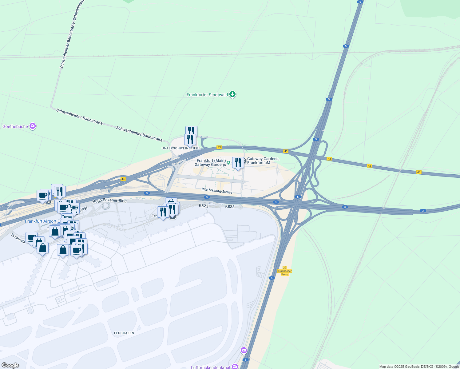map of restaurants, bars, coffee shops, grocery stores, and more near 5 Amelia-Mary-Earhart-Straße in Frankfurt am Main
