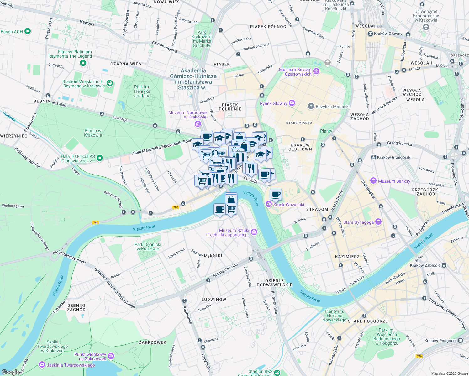 map of restaurants, bars, coffee shops, grocery stores, and more near 81 bulwar Czerwieński in Kraków