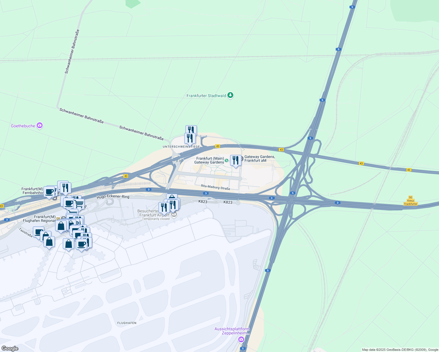 map of restaurants, bars, coffee shops, grocery stores, and more near 5 Amelia-Mary-Earhart-Straße in Frankfurt am Main