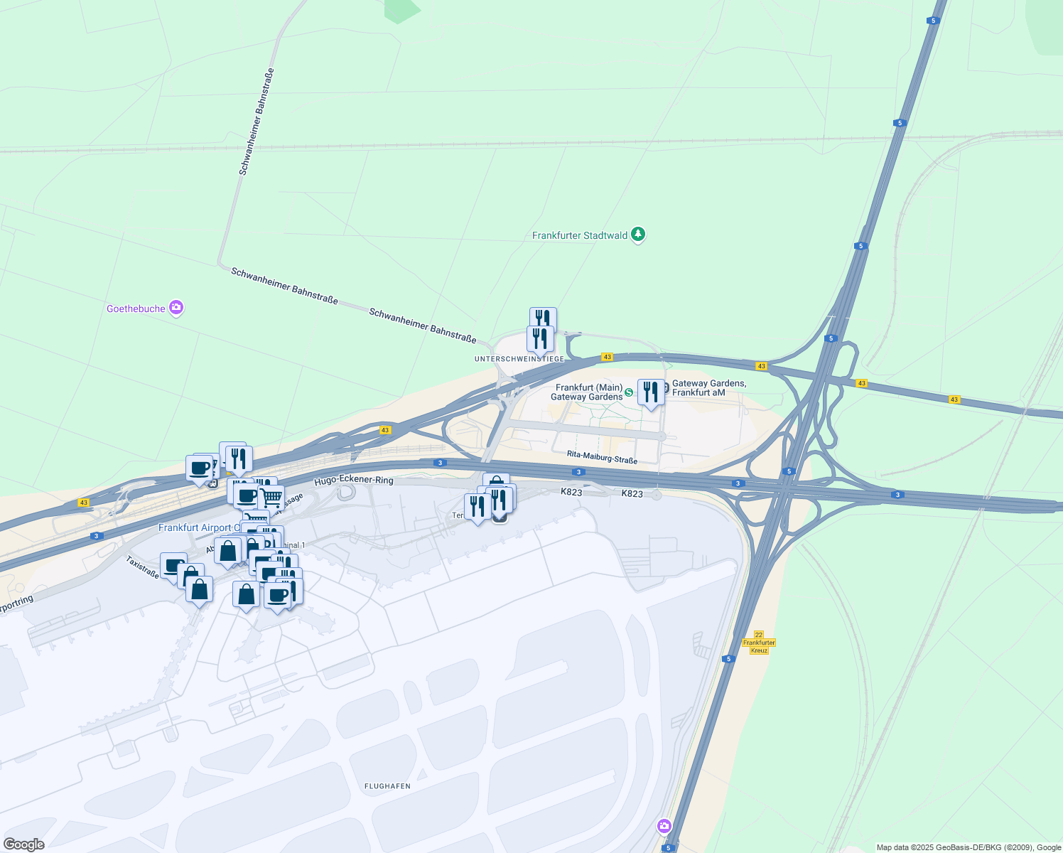 map of restaurants, bars, coffee shops, grocery stores, and more near Thea-Rasche-Straße in Frankfurt am Main
