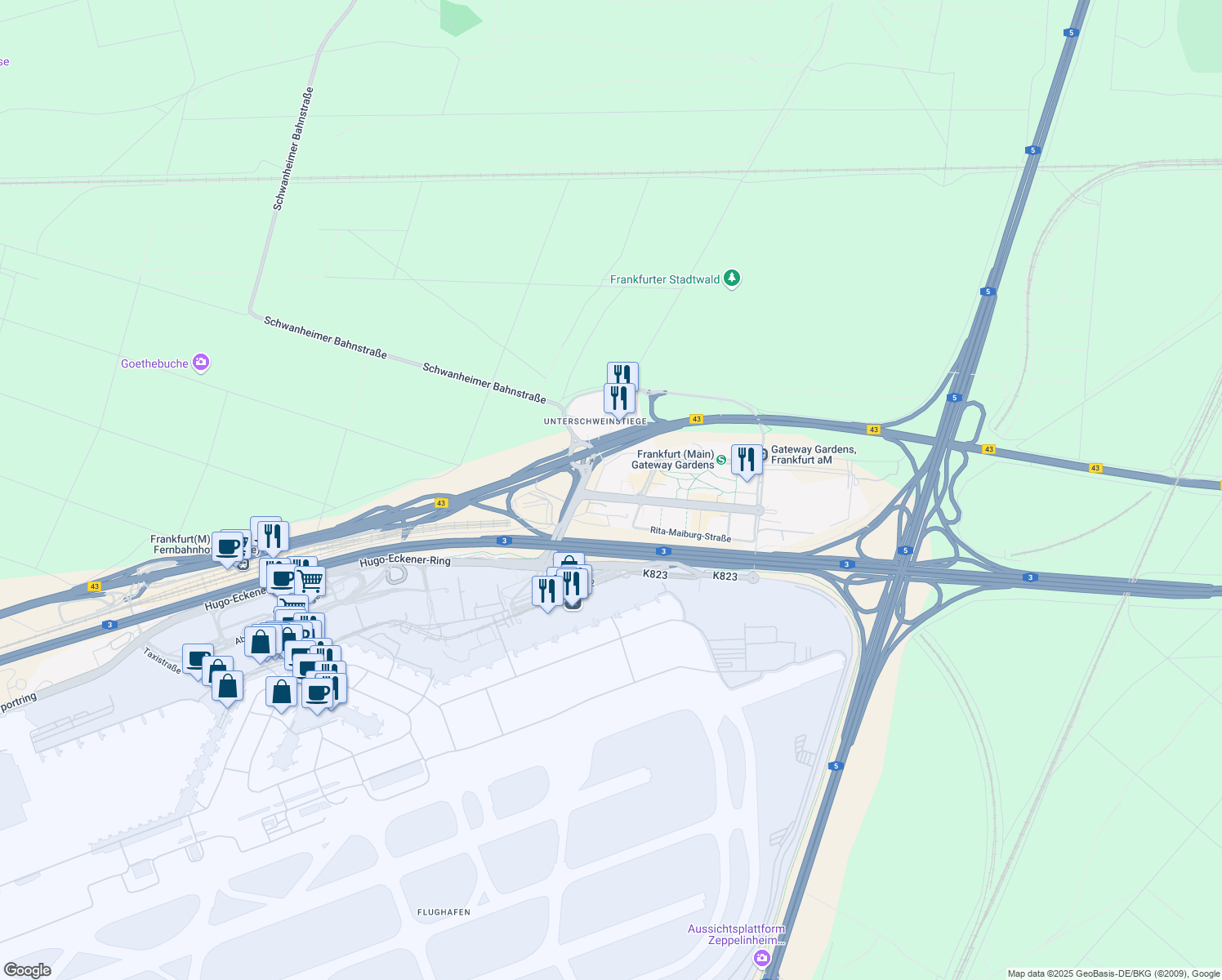 map of restaurants, bars, coffee shops, grocery stores, and more near 6 Thea-Rasche-Straße in Frankfurt am Main