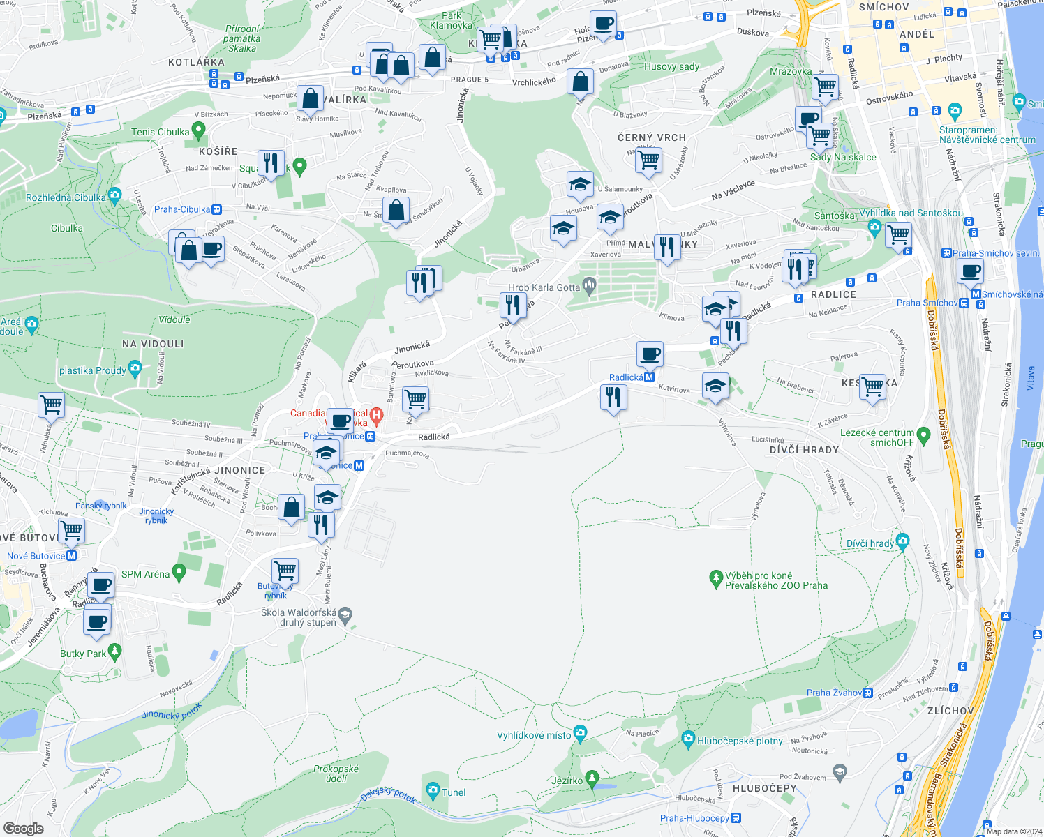 map of restaurants, bars, coffee shops, grocery stores, and more near Radlická in Hlavní město Praha