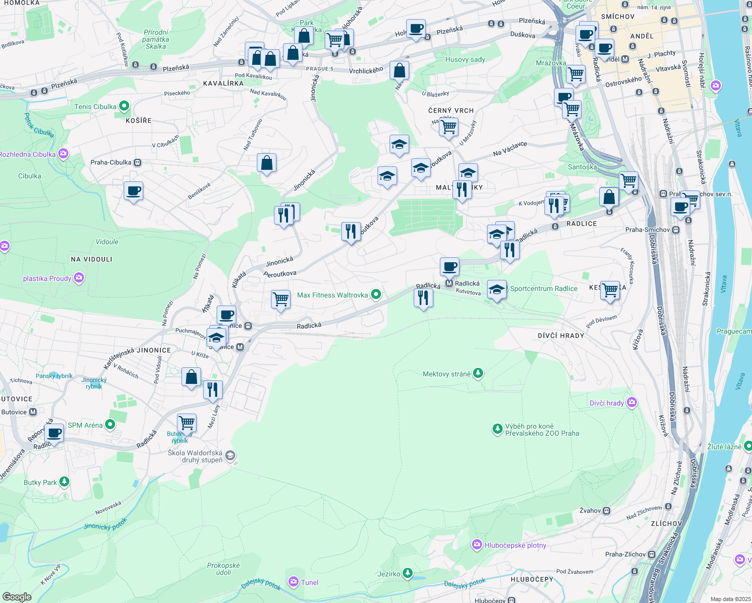 map of restaurants, bars, coffee shops, grocery stores, and more near Radlická in Hlavní město Praha