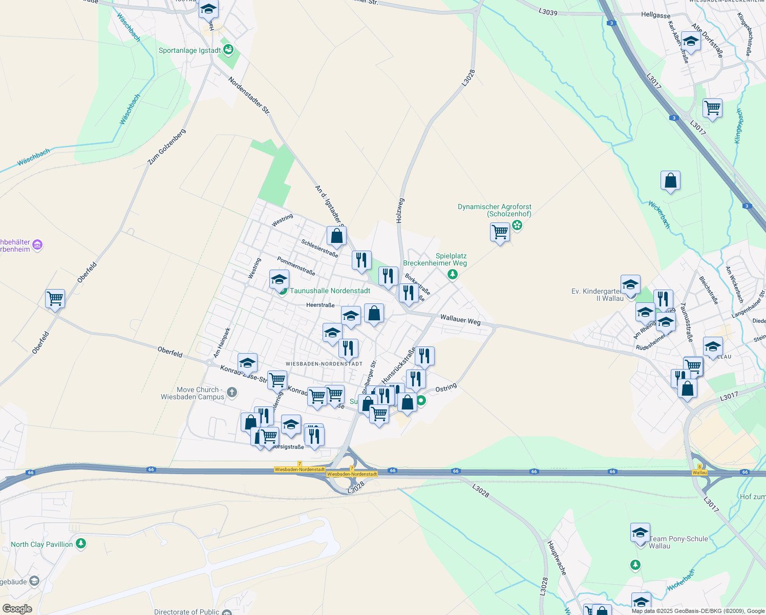 map of restaurants, bars, coffee shops, grocery stores, and more near 6 Heerstraße in Wiesbaden