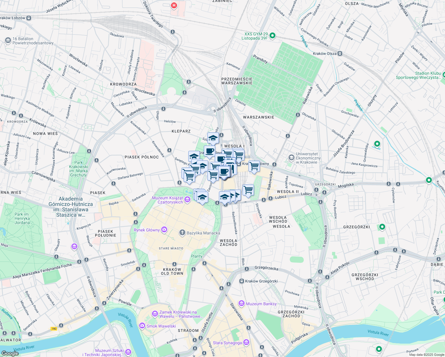 map of restaurants, bars, coffee shops, grocery stores, and more near 9 Pawia in Kraków