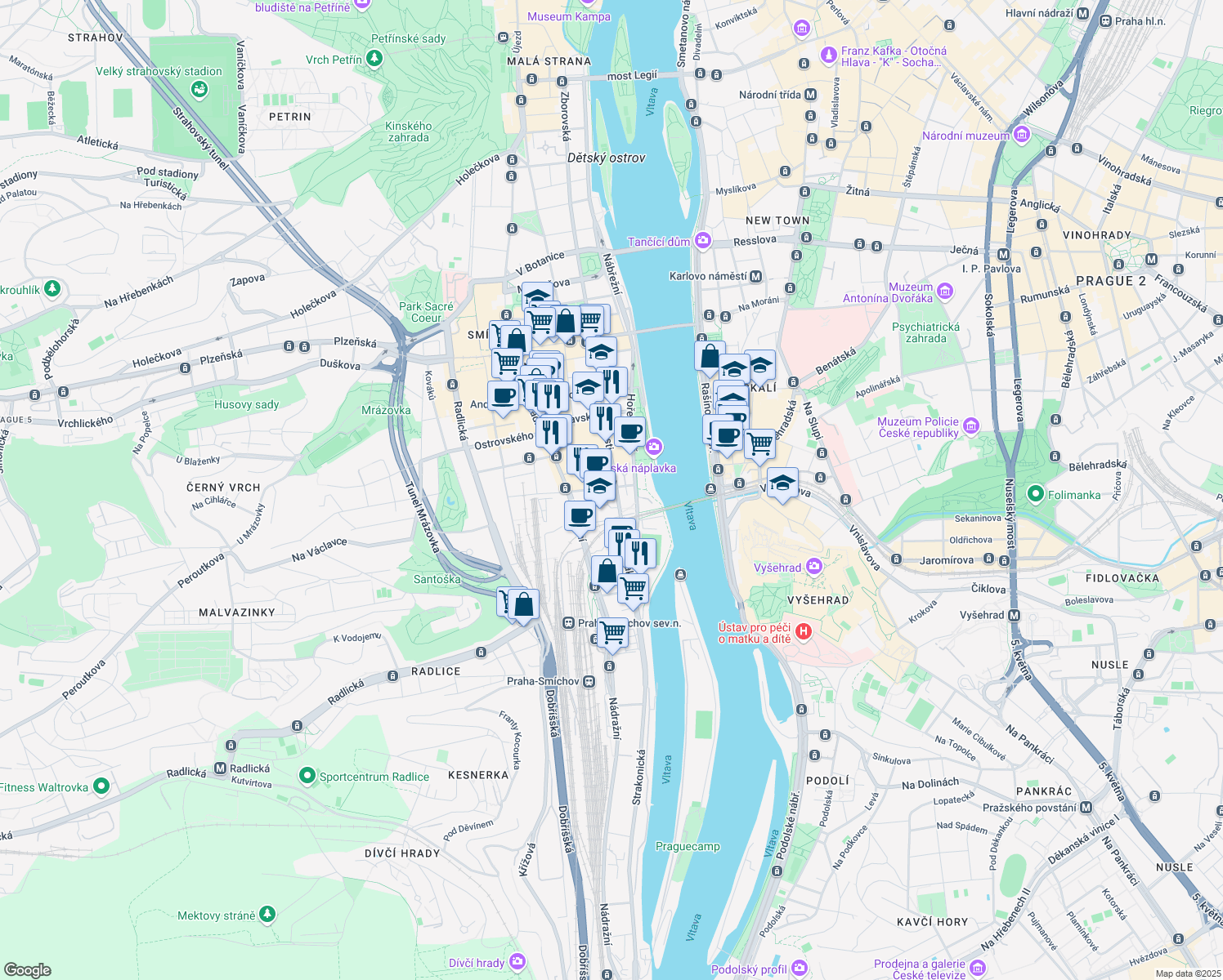 map of restaurants, bars, coffee shops, grocery stores, and more near 3 Na Valentince in Hlavní město Praha