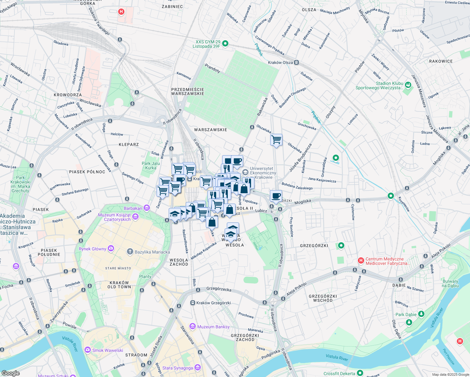 map of restaurants, bars, coffee shops, grocery stores, and more near 24 Aleksandra Lubomirskiego in Kraków