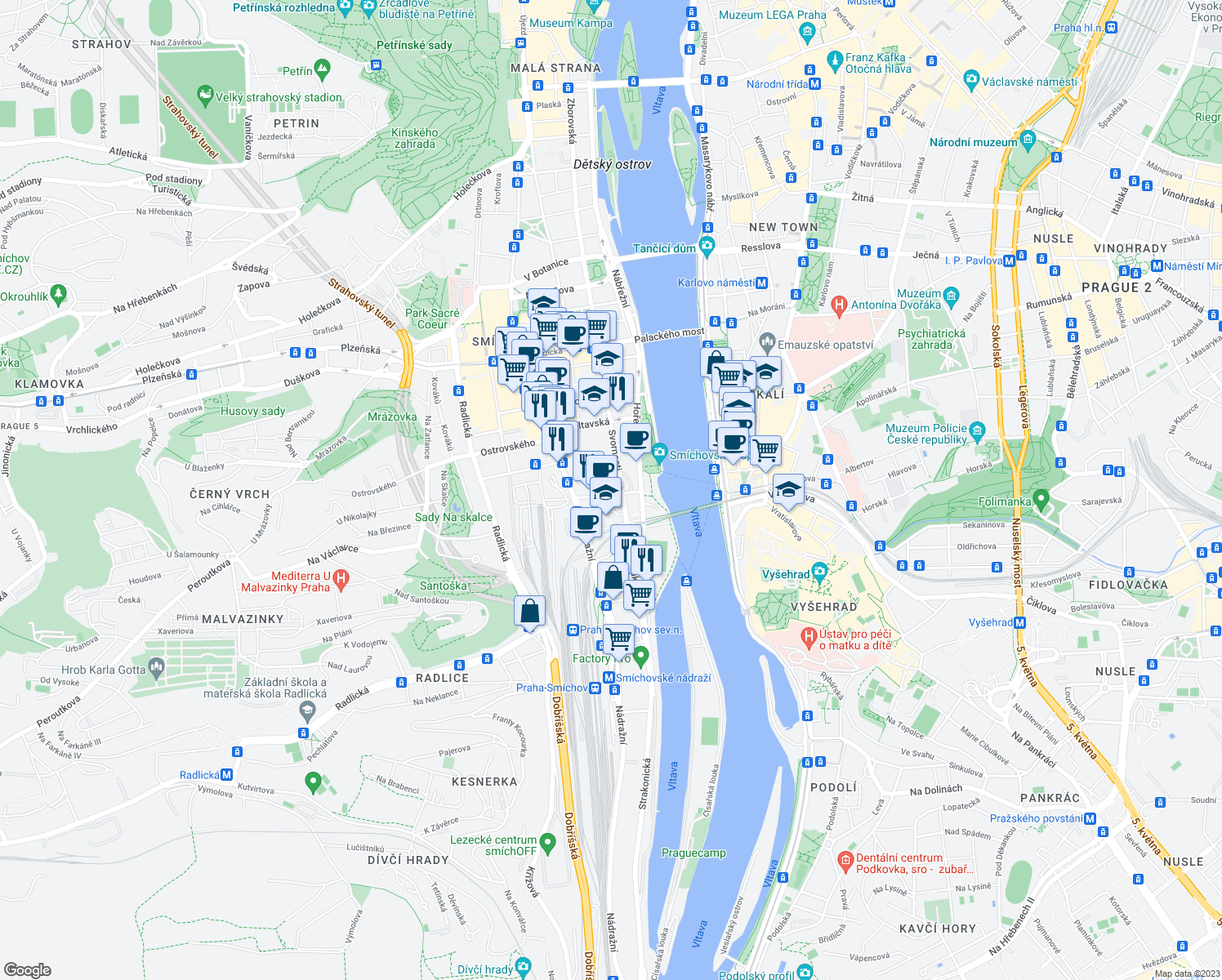 map of restaurants, bars, coffee shops, grocery stores, and more near 4 Na Valentince in Hlavní město Praha