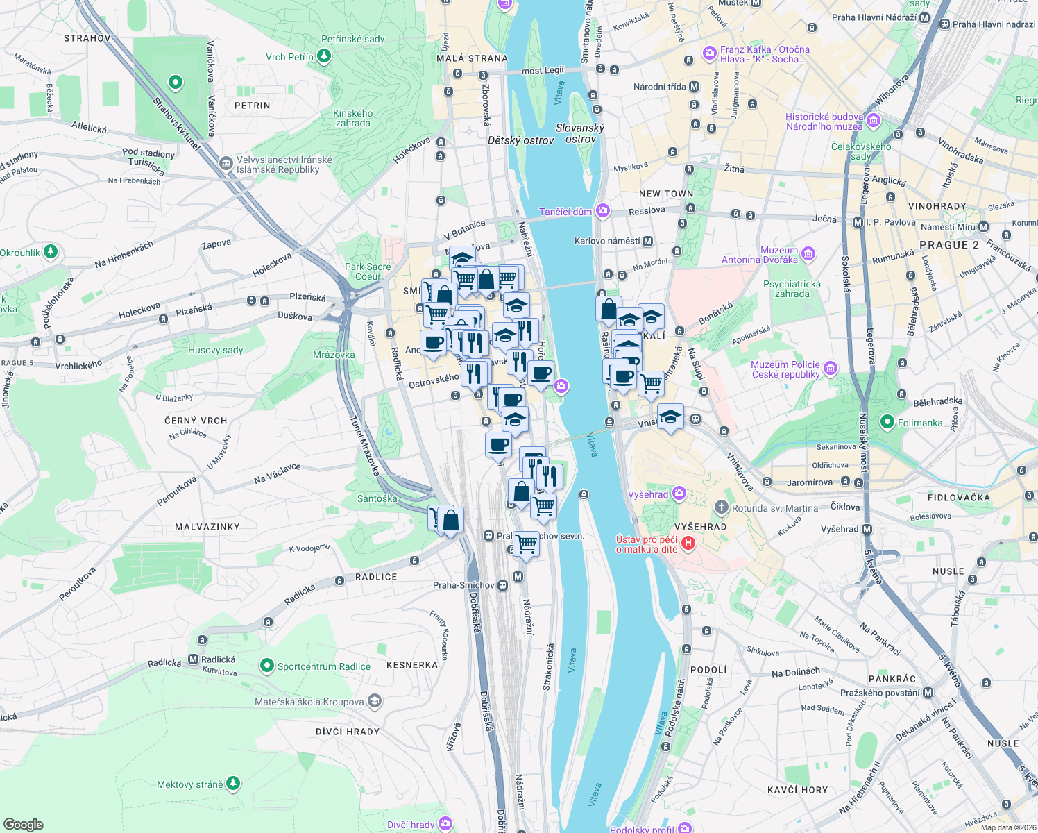 map of restaurants, bars, coffee shops, grocery stores, and more near 4 Na Valentince in Hlavní město Praha