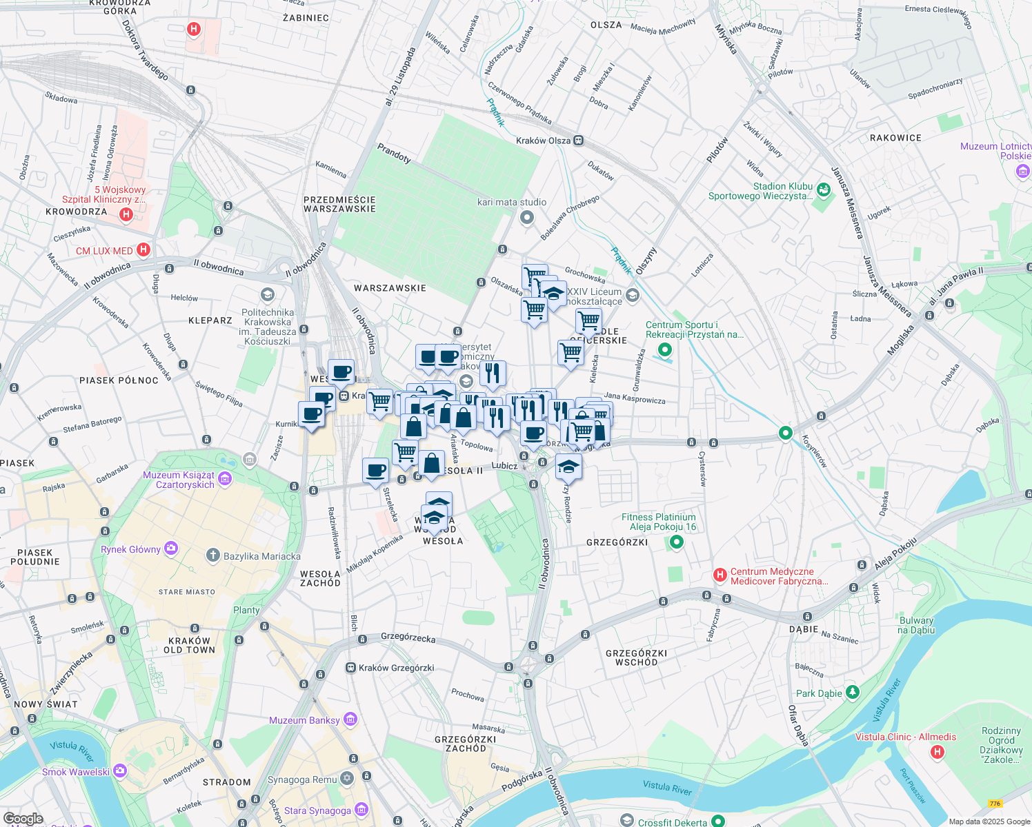 map of restaurants, bars, coffee shops, grocery stores, and more near 24 Aleksandra Lubomirskiego in Kraków