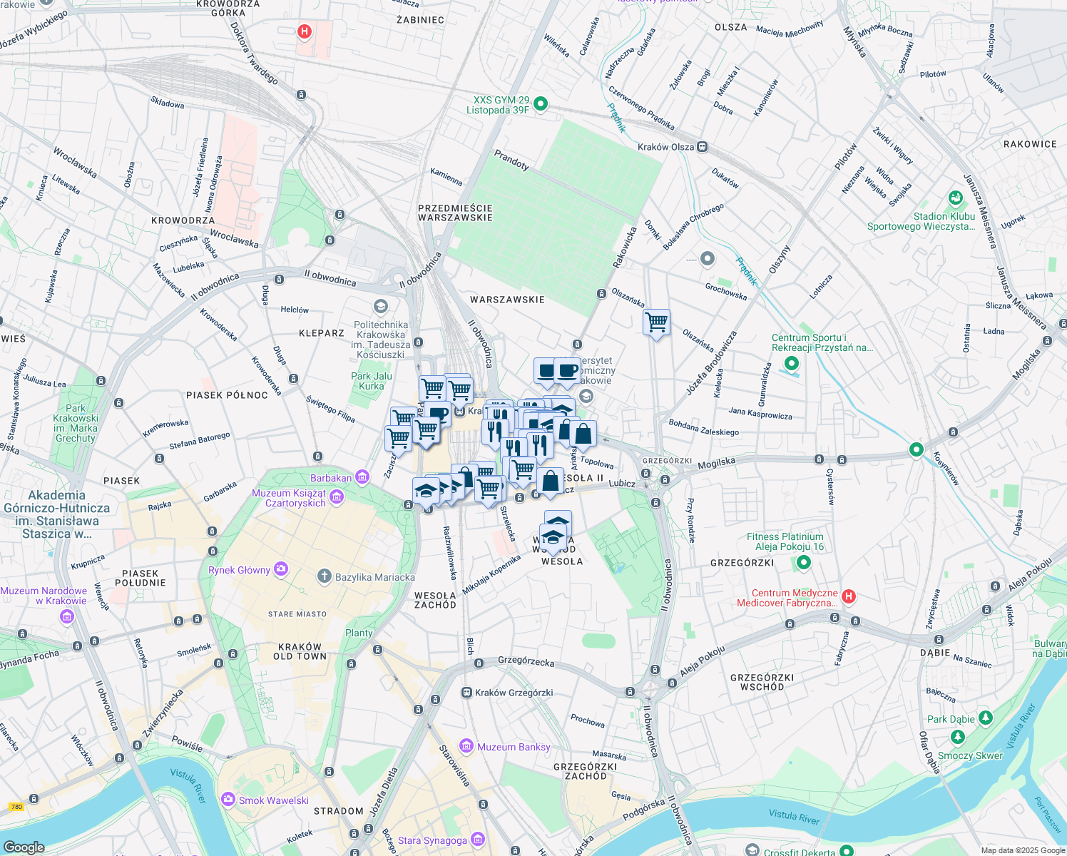 map of restaurants, bars, coffee shops, grocery stores, and more near 17 Aleksandra Lubomirskiego in Kraków