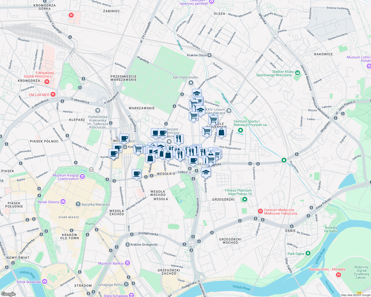 map of restaurants, bars, coffee shops, grocery stores, and more near 20 Aleksandra Lubomirskiego in Kraków
