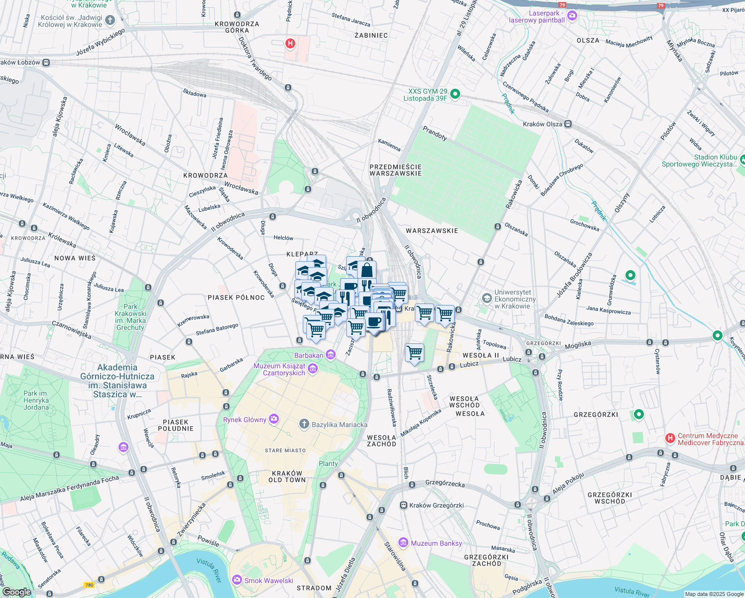 map of restaurants, bars, coffee shops, grocery stores, and more near 19 Pawia in Kraków