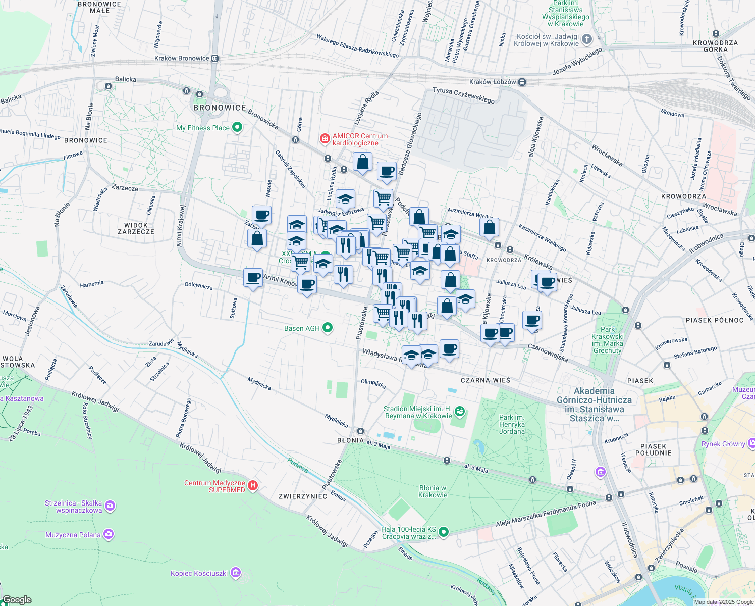 map of restaurants, bars, coffee shops, grocery stores, and more near in Kraków