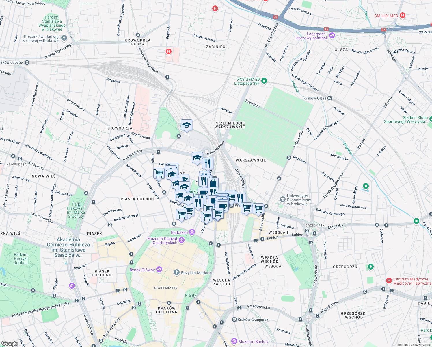 map of restaurants, bars, coffee shops, grocery stores, and more near 19 Pawia in Kraków