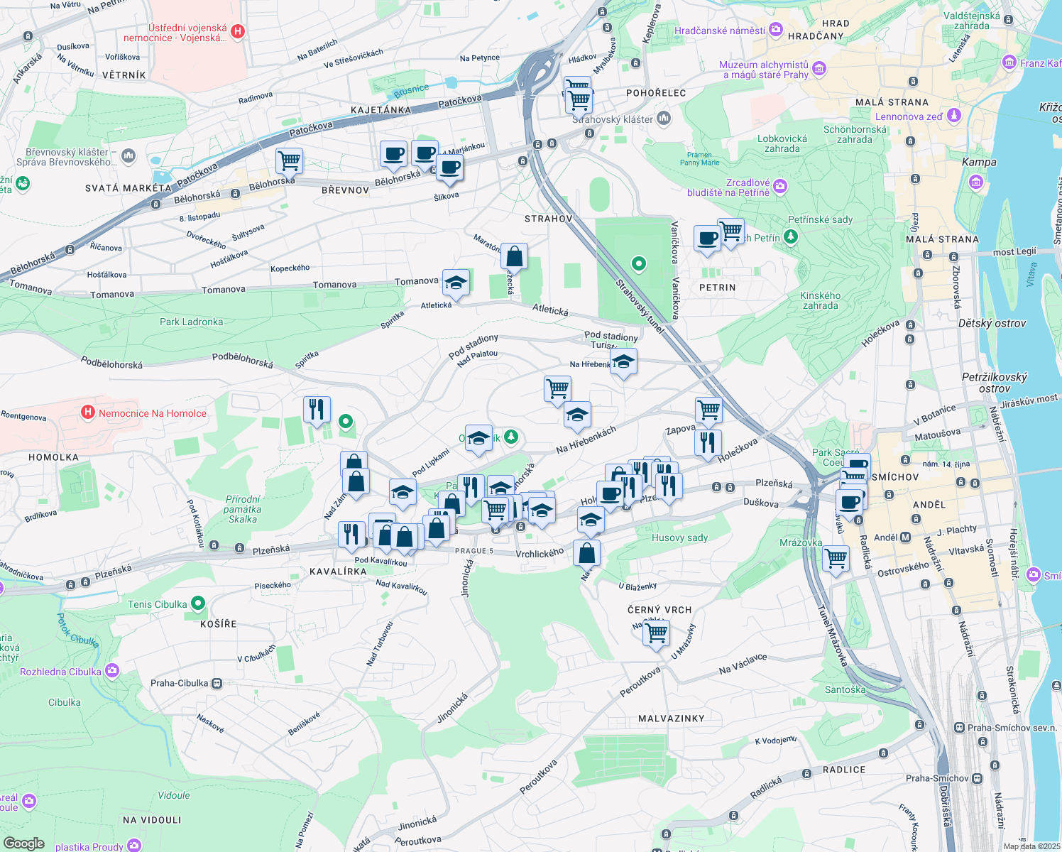 map of restaurants, bars, coffee shops, grocery stores, and more near 5 U Pernikářky in Hlavní město Praha