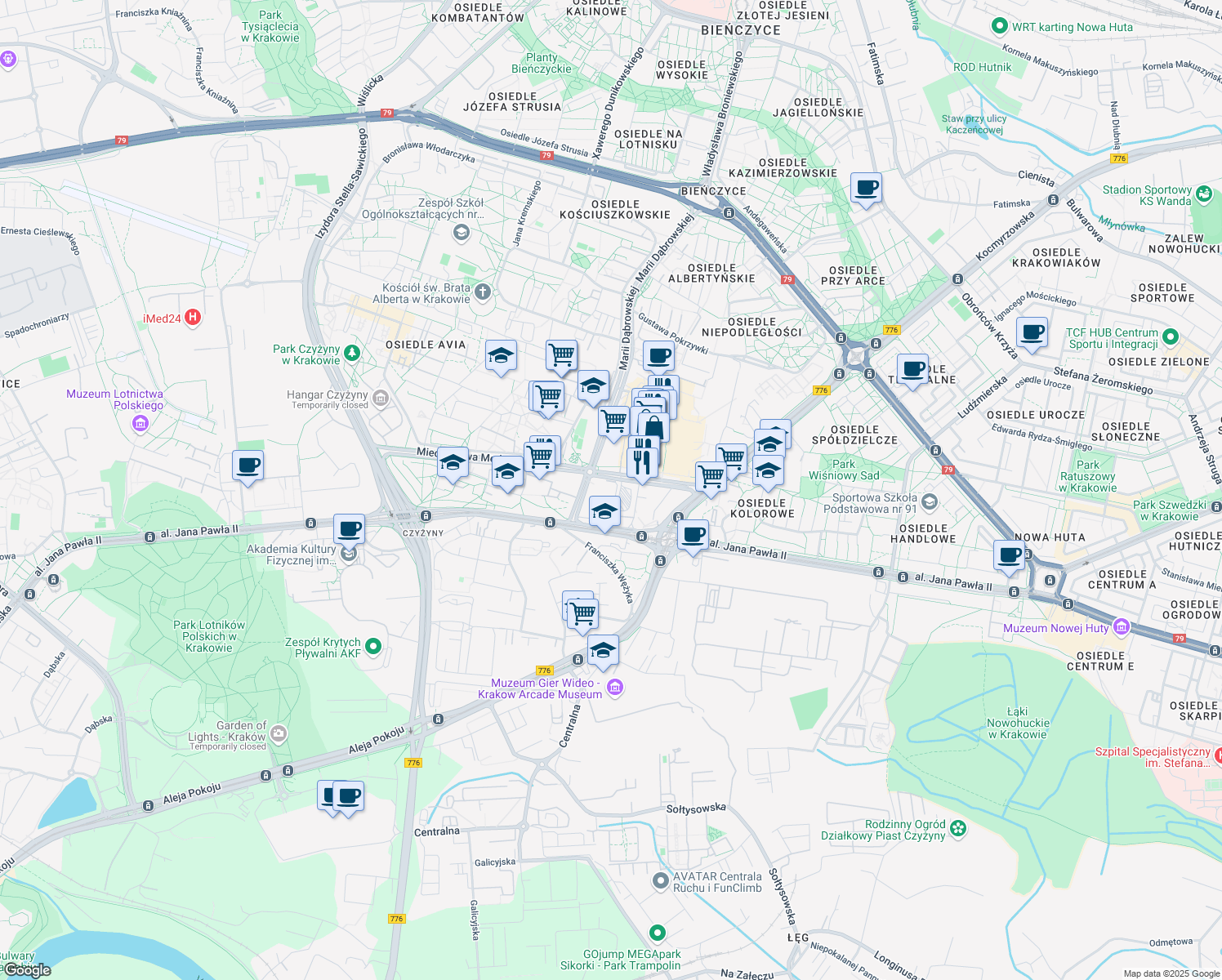 map of restaurants, bars, coffee shops, grocery stores, and more near 17 Mieczysława Medweckiego in Kraków