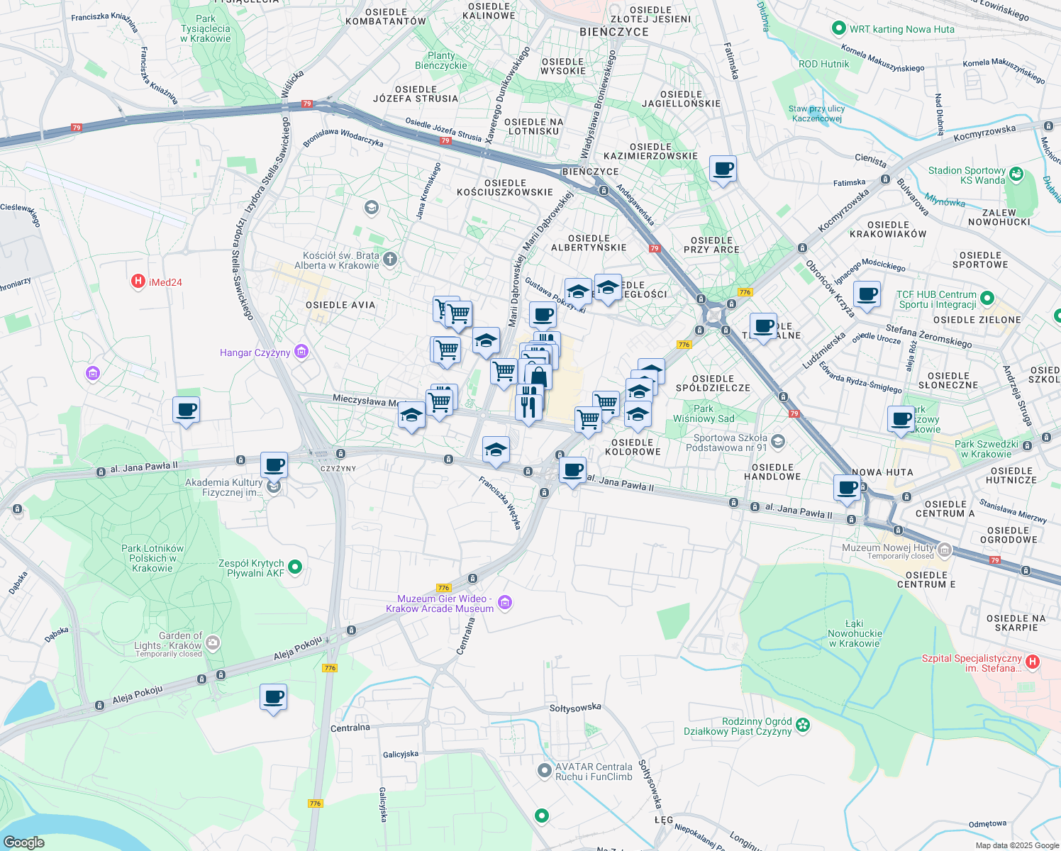 map of restaurants, bars, coffee shops, grocery stores, and more near 17 Mieczysława Medweckiego in Kraków