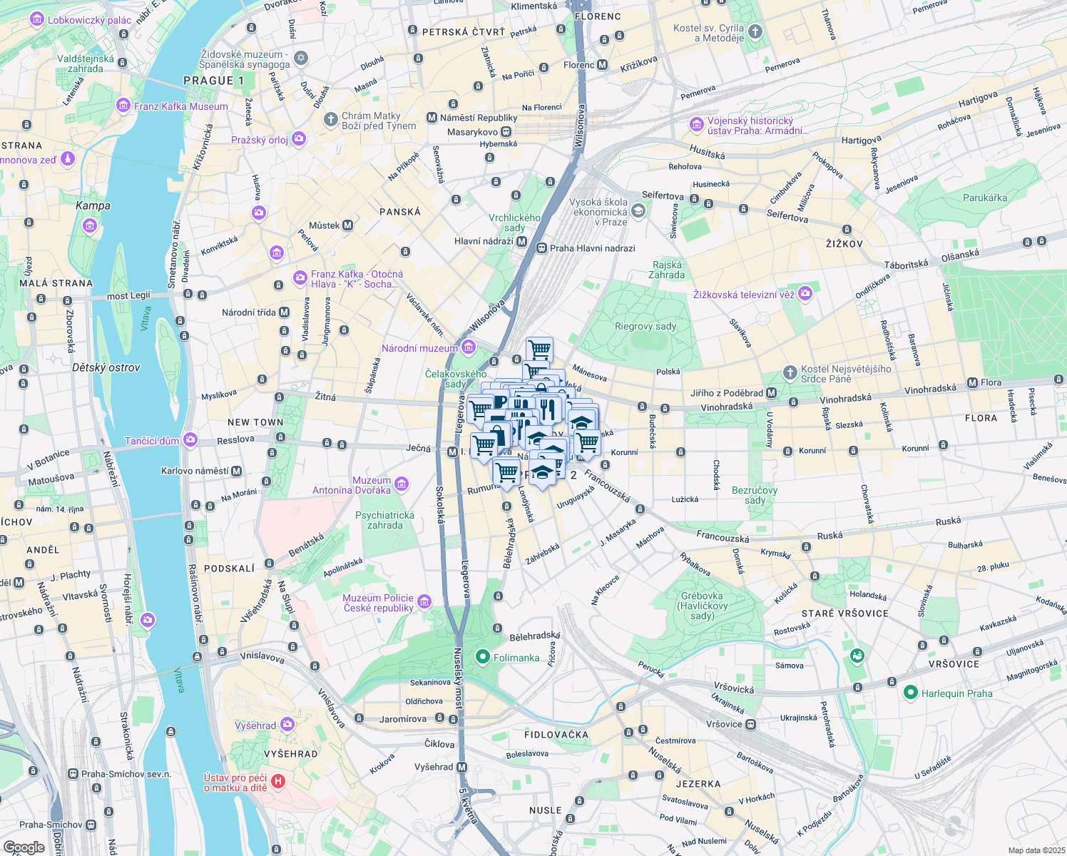 map of restaurants, bars, coffee shops, grocery stores, and more near 384 Italská in Hlavní město Praha