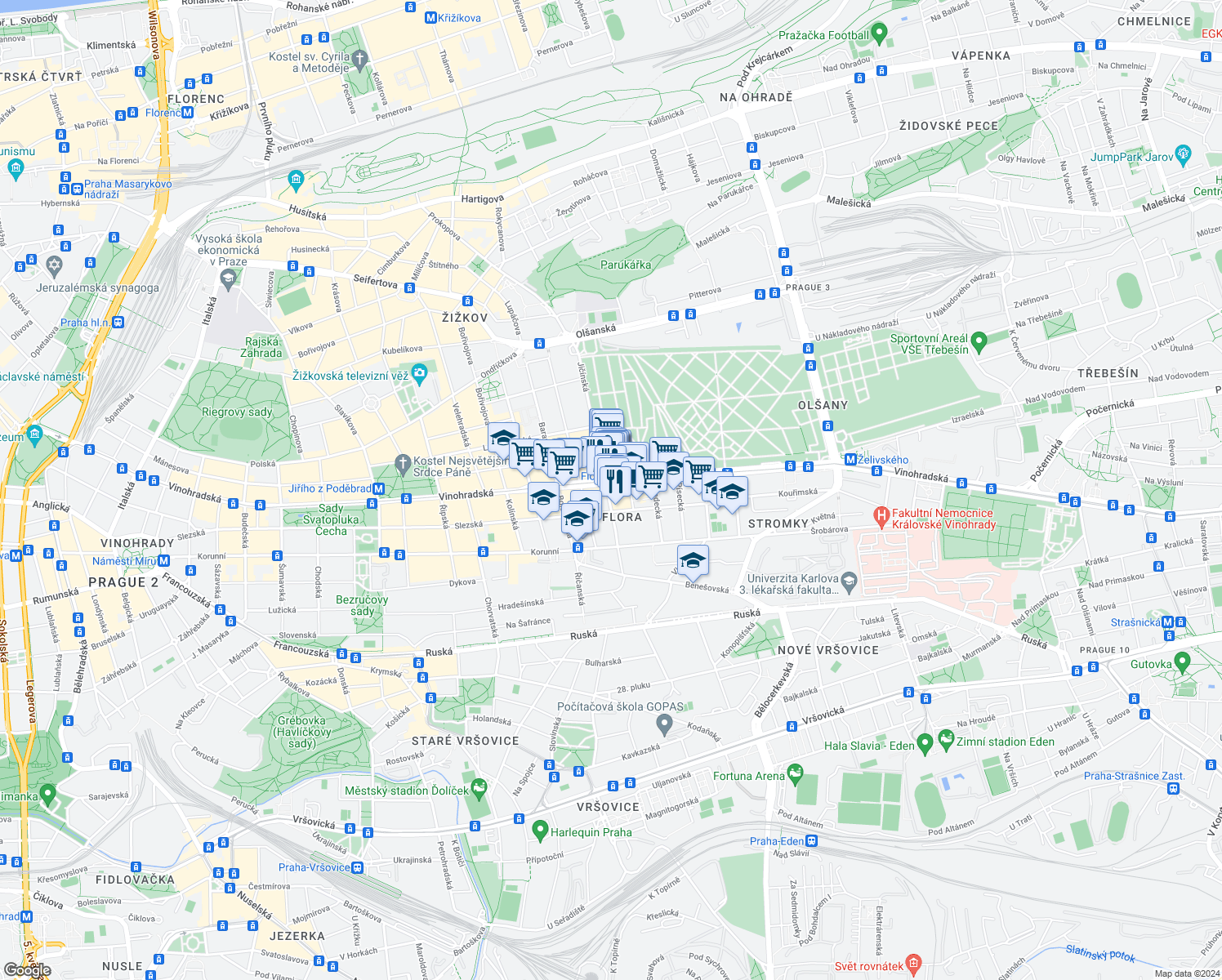map of restaurants, bars, coffee shops, grocery stores, and more near 8 Jičínská in Hlavní město Praha