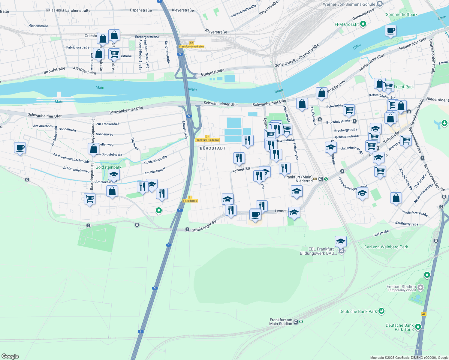 map of restaurants, bars, coffee shops, grocery stores, and more near 30 Lyoner Straße in Frankfurt am Main