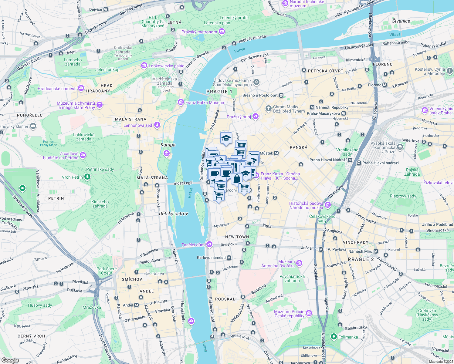 map of restaurants, bars, coffee shops, grocery stores, and more near 138 Voršilská in Hlavní město Praha