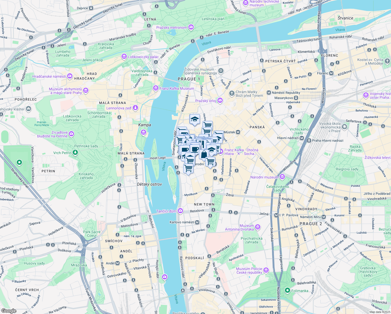 map of restaurants, bars, coffee shops, grocery stores, and more near 138 Voršilská in Hlavní město Praha