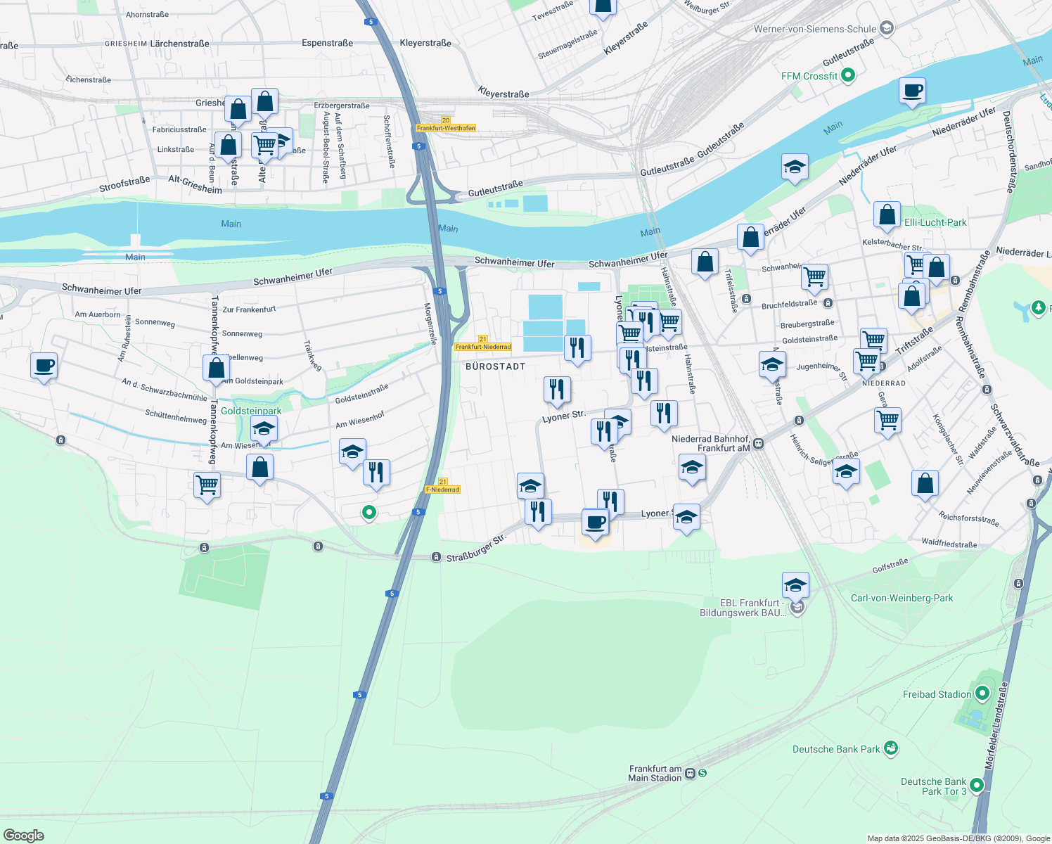 map of restaurants, bars, coffee shops, grocery stores, and more near 30 Lyoner Straße in Frankfurt am Main