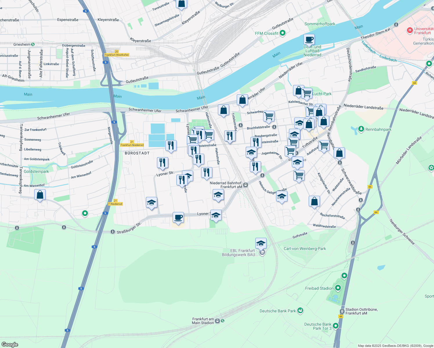 map of restaurants, bars, coffee shops, grocery stores, and more near 40 Hahnstraße in Frankfurt am Main