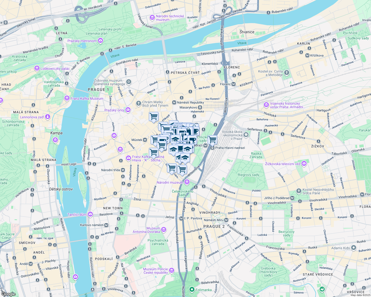 map of restaurants, bars, coffee shops, grocery stores, and more near 6 Olivova in Hlavní město Praha